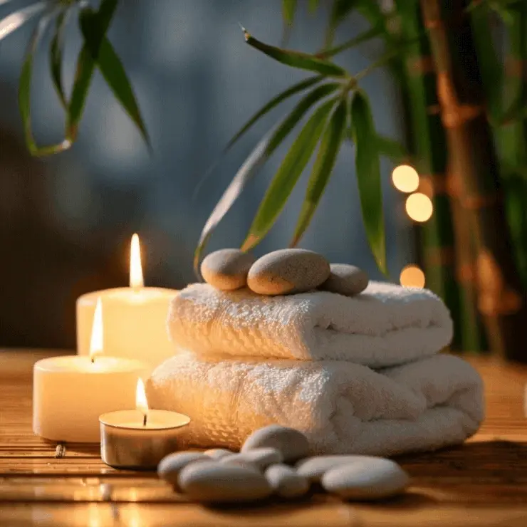 Cinemagraph of softly flickering candles and spa stones creating a calm, soothing ambiance.