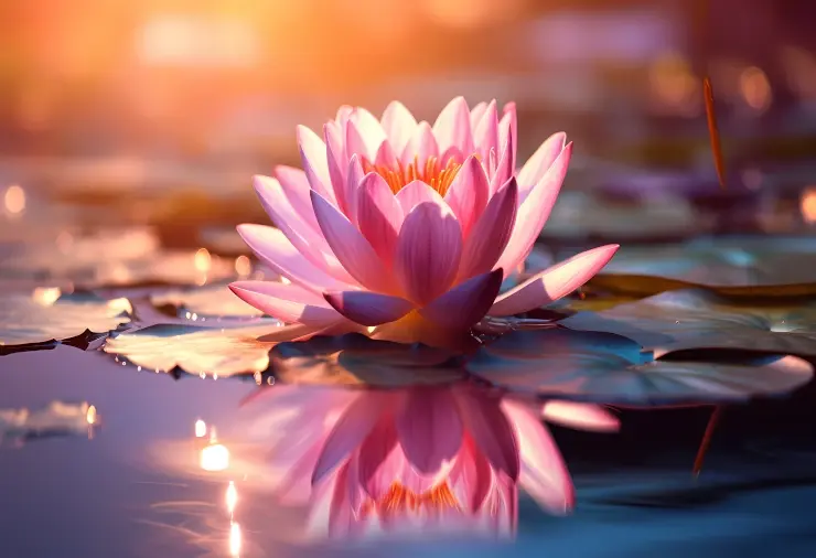 Serene lotus flower floating on calm water symbolizing peace, renewal, and balance.