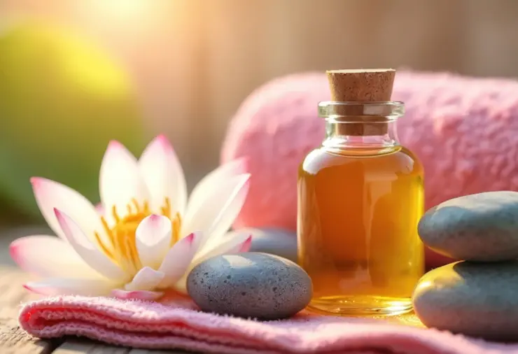 Lotus flower beside massage oil bottles under warm sunset lighting.