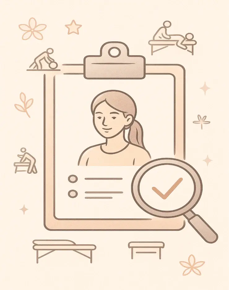 Illustration of Seven Angels Massage therapist screening and selection process showing identity checks, skills evaluations, and professional vetting